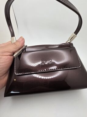 Vintage Y2K Mini Shoulder Bag Beijo High-Shine Metallic Espresso Patent Baguette
